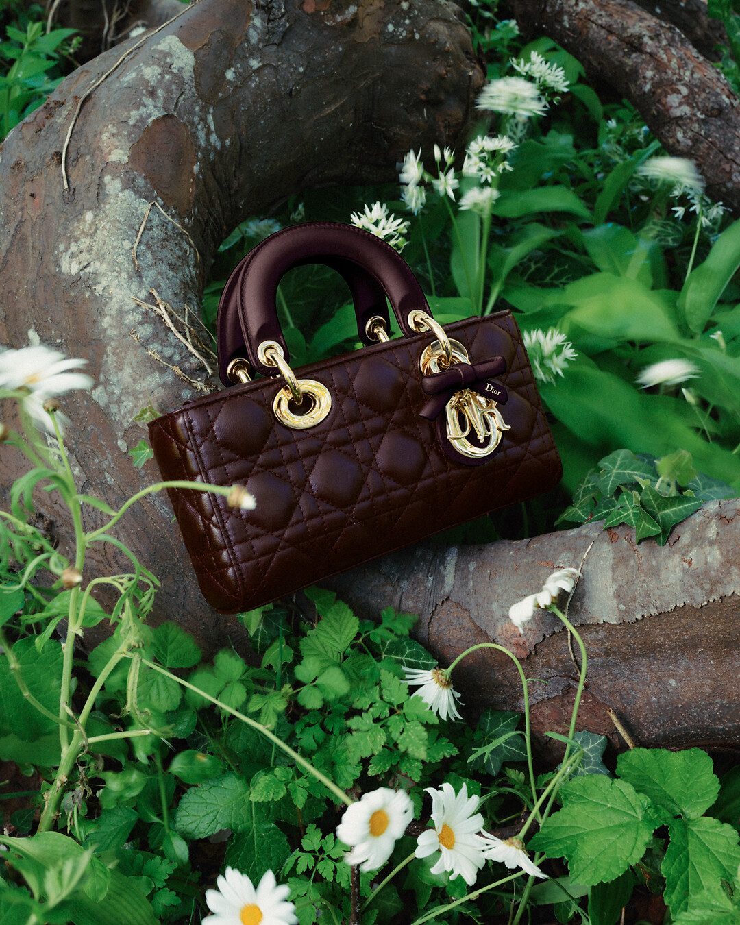 Bolsa Lady Dior bordô entre flores